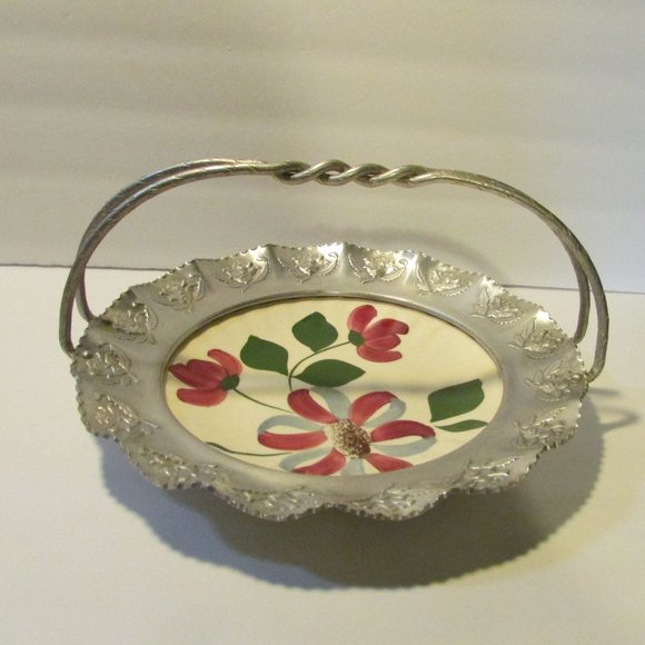 vintage Blue Ridge Sothern Potteries ribbon flower plate in aluminium basket